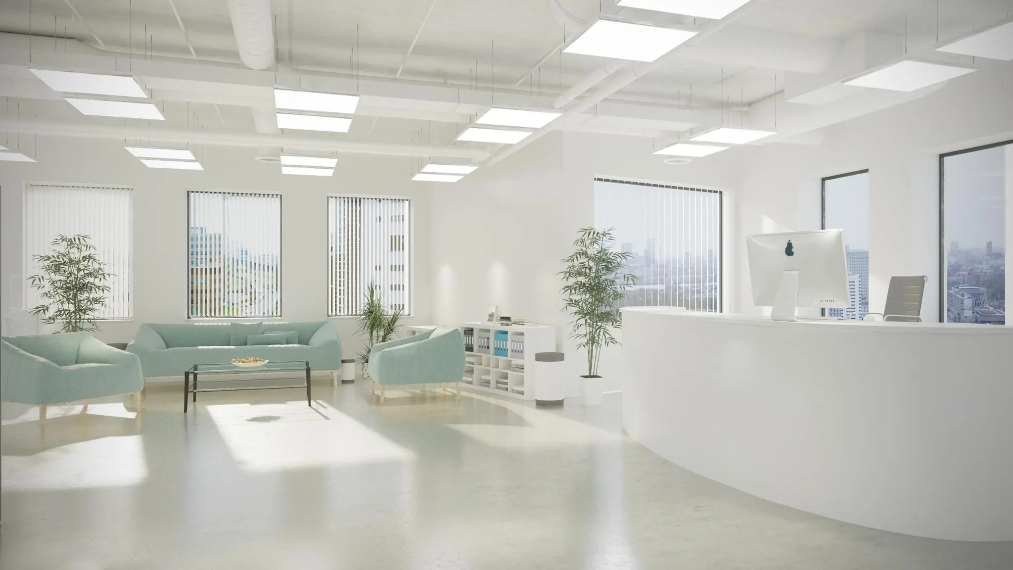 Moderne, licht ingerichte kantoorruimte in Rivium Quadrant met een witte receptie, pastelkleurige zitbanken en grote ramen met stadszicht.